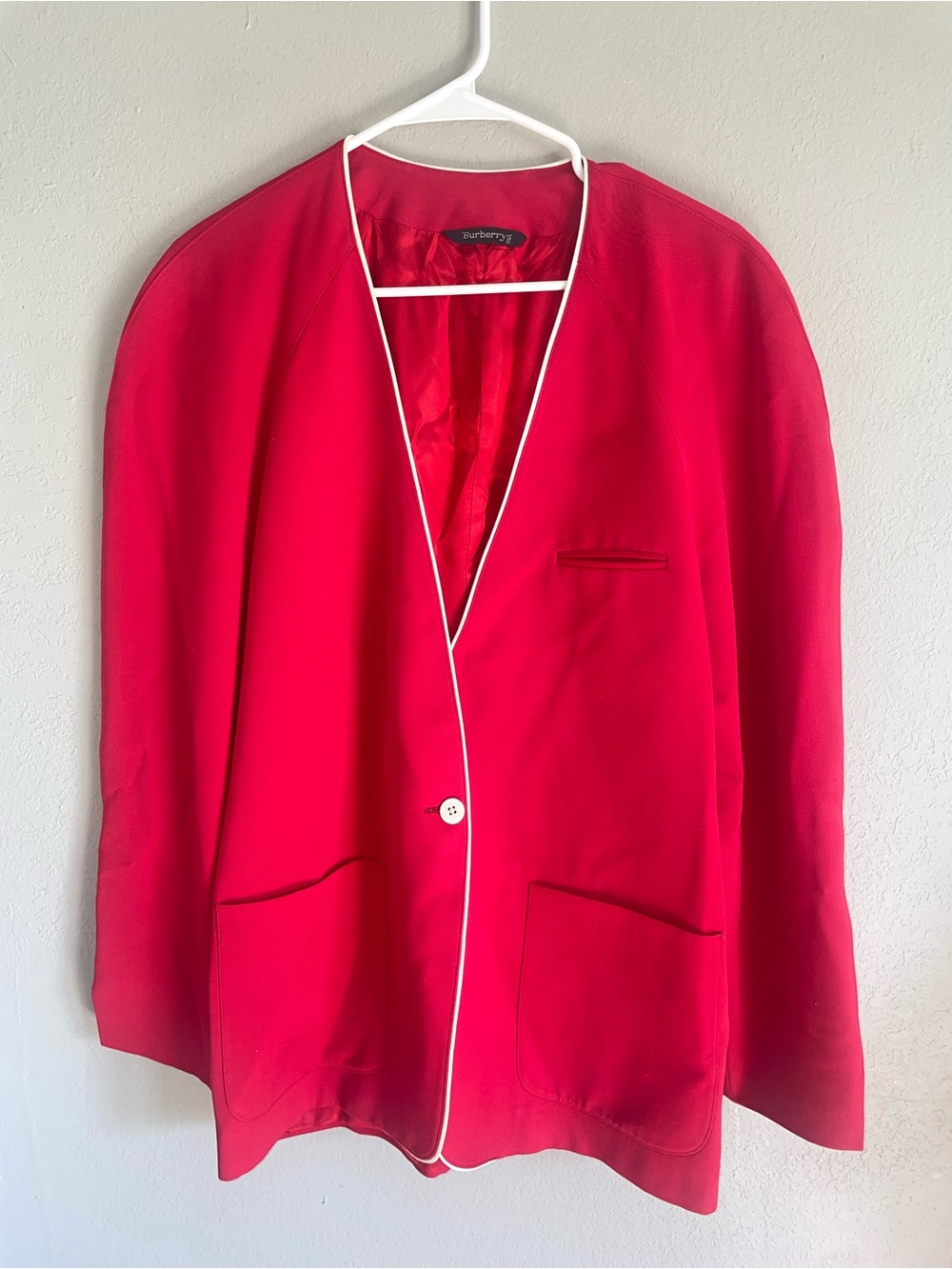 Burberrys Red Open-Front Blazer with White Piping